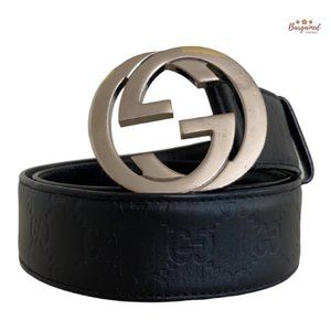 Authentic Gucci Black Guccissima Leather Silver Interlocking G Buckle Belt 85/34